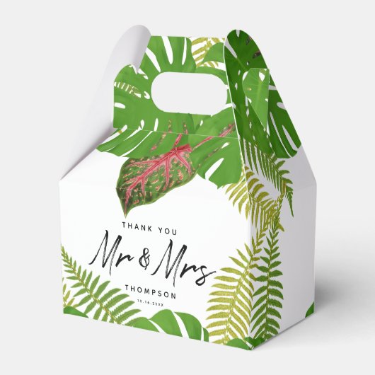 Mr. en Mrs Tropical Leaves Script Wedding Bedankdoosjes (Voorkant Zijde)