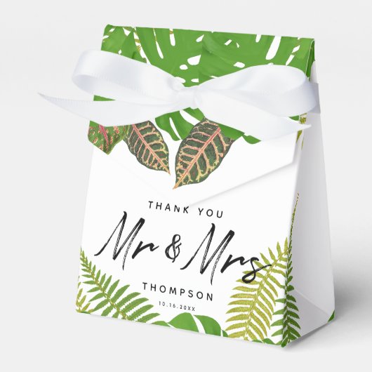 Mr. en Mrs Tropical Leaves Script Wedding Bedankdoosjes (Voorkant Zijde)