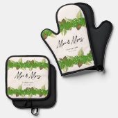 Mr. en Mrs Tropical Leaves Script Wedding Ovenwant & Pannenlap Set (Voorkant / Achterkant)