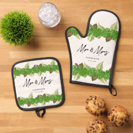 Mr. en Mrs Tropical Leaves Script Wedding Ovenwant & Pannenlap Set
