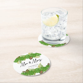 Mr. en Mrs Tropical Leaves Script Wedding Ronde Kartonnen Onderzetter