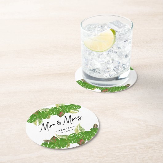 Mr. en Mrs Tropical Leaves Script Wedding Ronde Kartonnen Onderzetter (Insitu)