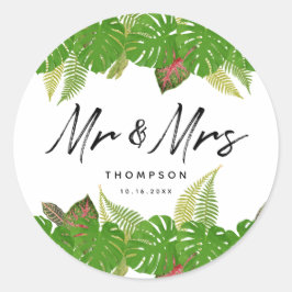 Mr. en Mrs Tropical Leaves Script Wedding Ronde Sticker