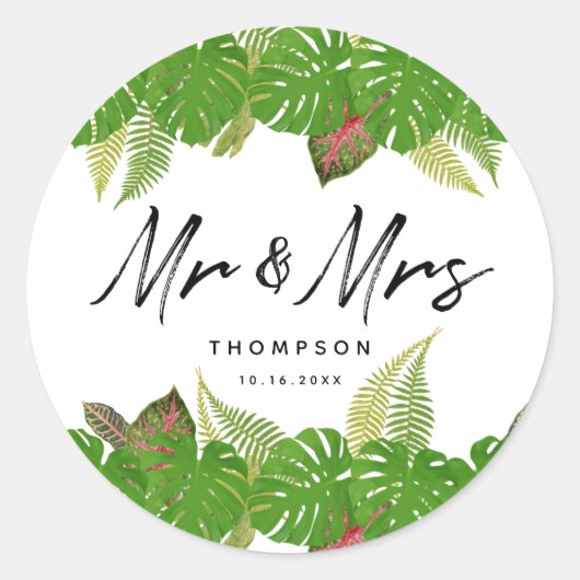 Mr. en Mrs Tropical Leaves Script Wedding Ronde Sticker (Voorkant)