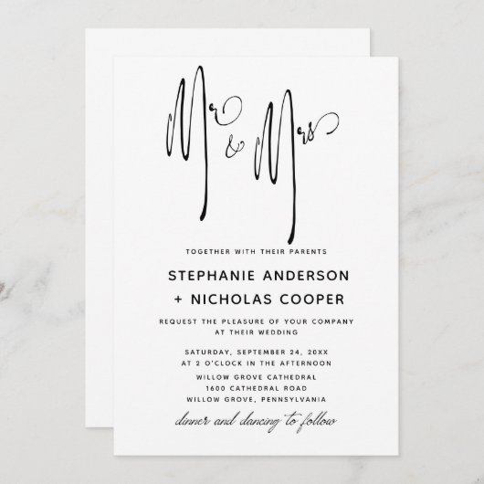 Mr. en Mrs Typografie Script Natural Handwriting I Kaart (Voorkant / Achterkant)