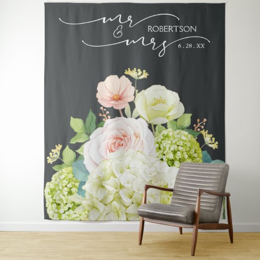 Mr en Mrs Wedding Backdrop Floral Banner Wandkleed (In situ)