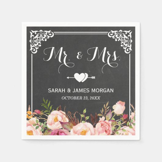 Mr. en Mrs Wedding  Chalkboard Flowers Servet (Voorkant)
