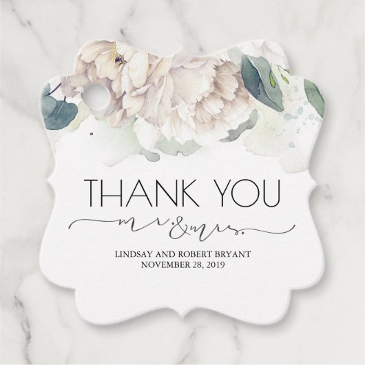 Mr en Mrs White Floral Dank u Bedankjes Labels (Voorkant)