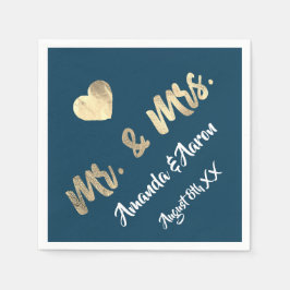 Mr en Mrs White Heart Blue Champagne Gold Servet