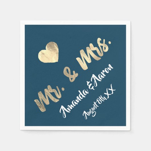 Mr en Mrs White Heart Blue Champagne Gold Servet (Voorkant)