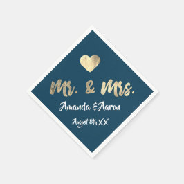 Mr en Mrs White Heart Blue Champagne Gold Servet