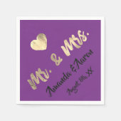 Mr en Mrs White Heart Paarse Champaigne Gold Servet (Voorkant)