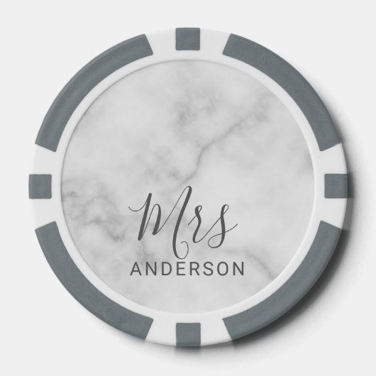 Mr en Mrs. | Wit Marmer Modern Script Bruiloft Poker Chips (Voorkant)