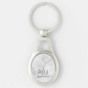 Mr en Mrs. Wit Marmer Modern Script Bruiloft Sleutelhanger