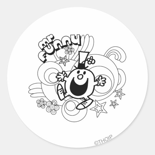 Mr Funny | Zwart-wit wervelingen en sterren Ronde Sticker (Voorkant)