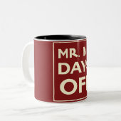 MR Geen dagen uit (Crimson) Tweekleurige Koffiemok (Voorkant links)