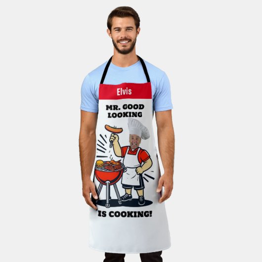 Mr Good Lookin Is Cookin Apron, Personalized Photo Schort (Gedragen)
