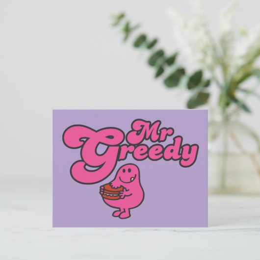 Mr. Greedy geniet van het dessert Briefkaart (Staand voorkant)