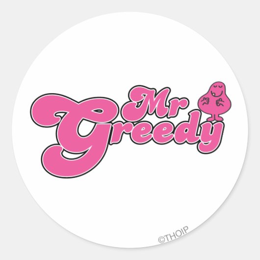 Mr Greedy staat rond Ronde Sticker (Voorkant)