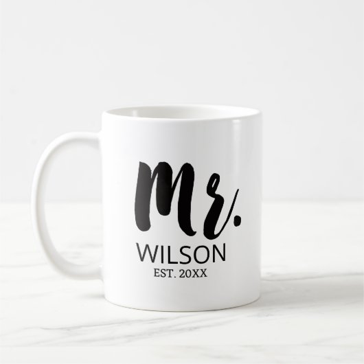 Mr Groom Brush Font bruiloft Jubileum paar Koffiemok (Links)