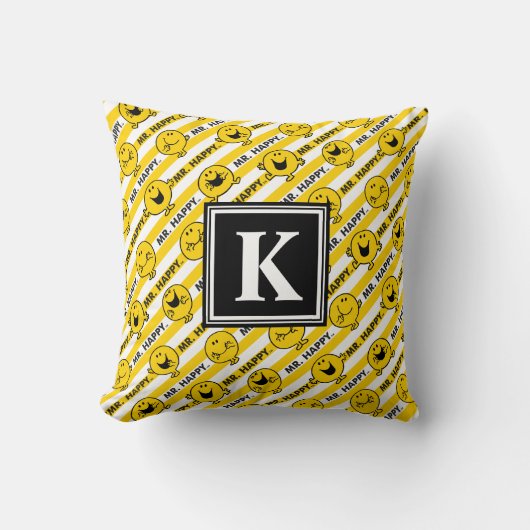 Mr Happy | Geel Strepen Patroon | Monogram Kussen (Voorkant)