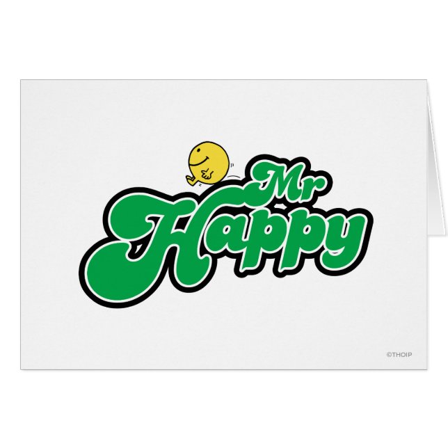 Mr. Happy Glijdend naar beneden Groene Lettering (Voorkant Horizontaal)