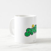 Mr. Happy Glijdend naar beneden Groene Lettering Koffiemok (Voorkant links)