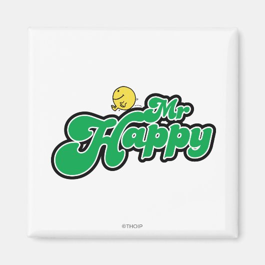 Mr. Happy Glijdend naar beneden Groene Lettering Magneet (Voorkant)