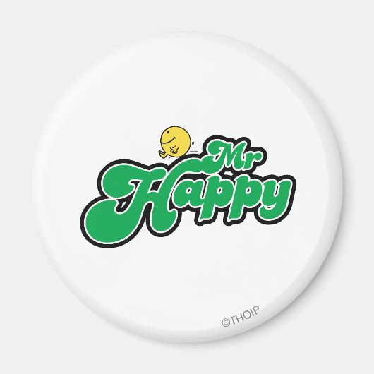 Mr. Happy Glijdend naar beneden Groene Lettering Magneet (Voorkant)