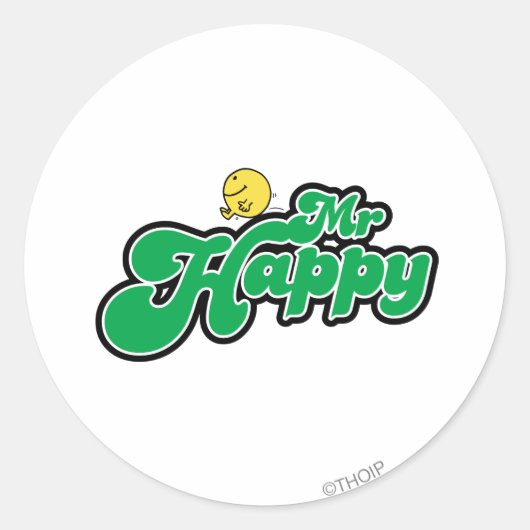 Mr. Happy Glijdend naar beneden Groene Lettering Ronde Sticker (Voorkant)