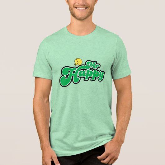 Mr. Happy Glijdend naar beneden Groene Lettering Tri-Blend Shirt (Voorkant)