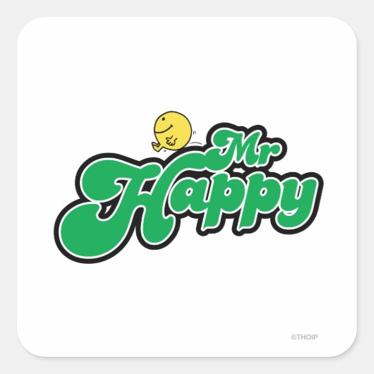 Mr. Happy Glijdend naar beneden Groene Lettering Vierkante Sticker (Voorkant)