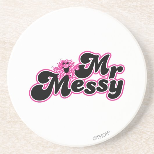 Mr Messy | Grote zwarte en roze letters Zandsteen Onderzetter (Voorkant)