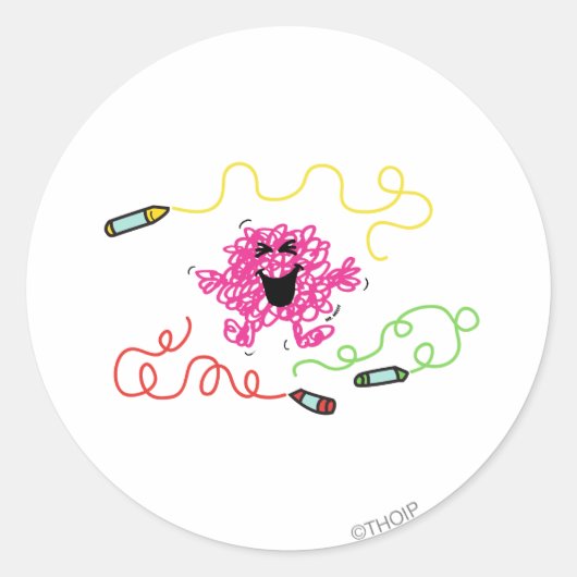 Mr Messy speelt met Crayons Ronde Sticker (Voorkant)