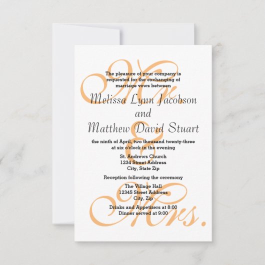 Mr. & mevrouw Peach - 3x5 Wedding & Reception nodi Kaart (Voorkant)