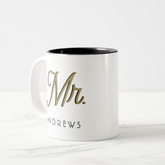 Mr Modern Black Script Personalized Wedding Tweekleurige Koffiemok (Voorkant links)