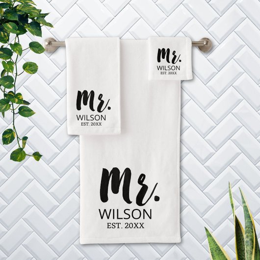 Mr. Modern Brush Font Wedding Jubileum Paar Bad Handdoek
