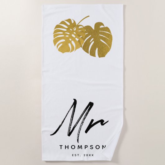 Mr Modern Gold Monstera Tropical Leaves Script be Strandlaken (Voorkant)
