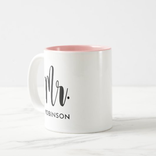 Mr Modern Script Monogram Wedding Tweekleurige Koffiemok (Voorkant links)