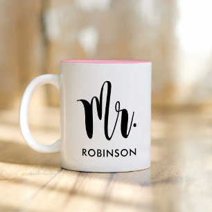 Mr Modern Script Monogram Wedding Tweekleurige Koffiemok