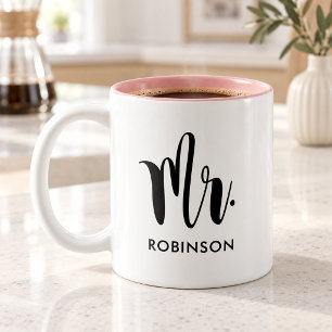 Mr Modern Script Monogram Wedding Tweekleurige Koffiemok