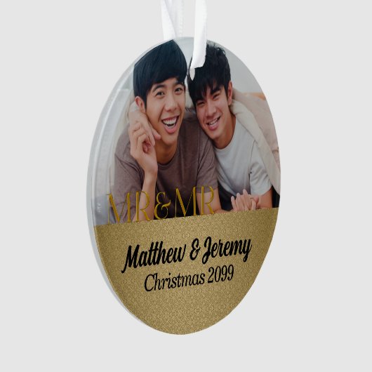 Mr & Mr. 1st Kerstmis Gold Damask Foto Ornament (voorkant)