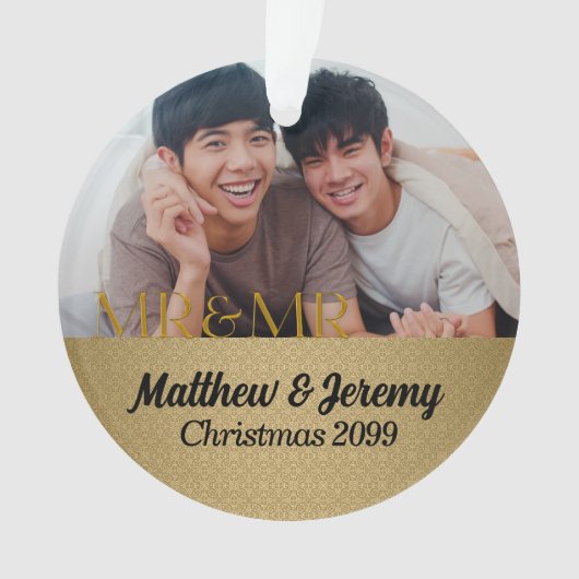 Mr & Mr. 1st Kerstmis Gold Damask Foto Ornament (voorkant)