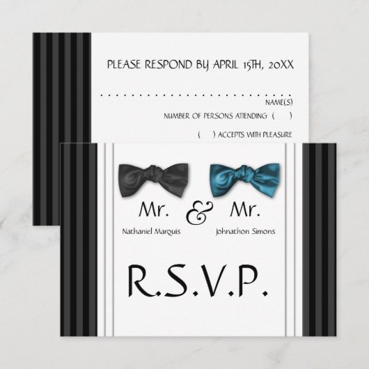 Mr & Mr Bow Stropdassen & Pin Striped RSVP Card (Voorkant / Achterkant)
