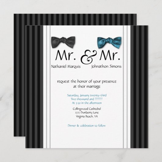 Mr. & Mr Bow Stropdassen & Pin Striped Wedding Inv Kaart (Voorkant / Achterkant)