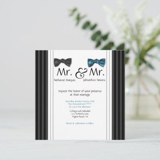 Mr. & Mr Bow Stropdassen & Pin Striped Wedding Inv Kaart (Staand voorkant)
