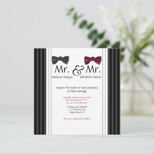 Mr. & Mr Bow Stropdassen & Pin Striped Wedding Inv Kaart (Staand voorkant)