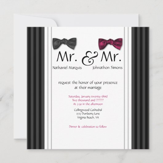 Mr. & Mr Bow Stropdassen & Pin Striped Wedding Inv Kaart (Voorkant)