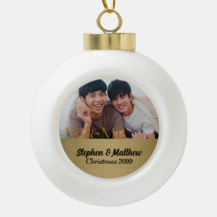 Mr & Mr Gay Marriage Gold Damask Foto Keramische Bal Ornament