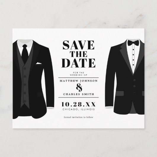 Mr. & Mr Modern Black Wedding Tux - Bewaar de datu Briefkaart (Voorkant)